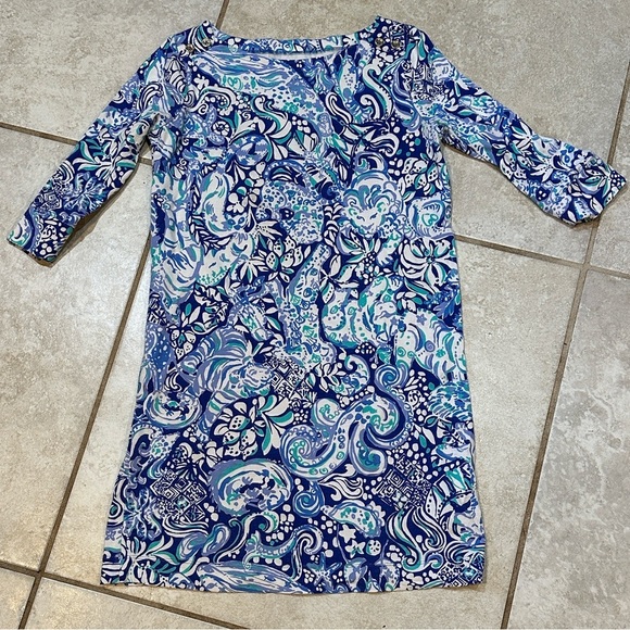 Lilly Pulitzer Sophie Blue Knit Boat Neck Dress L 8/10 Blue Animal Print - Picture 1 of 6